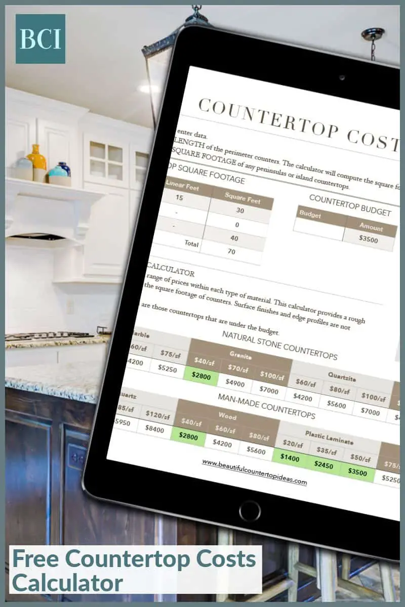 Photo collage of white kitchen and Countertop Costs Calculator spreadsheet on an iPad. 
