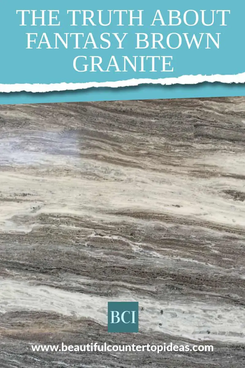 Photo collage of Fantasy Brown Granite countertop slab. 
