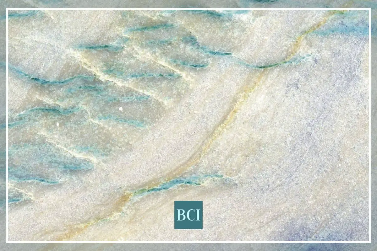 Photo of blue, green, and cream quartzite countertop material